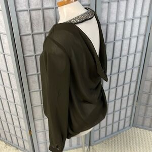 Forever 21 Olive Green Blouse with Cutout Back Beaded Detail, Size Small